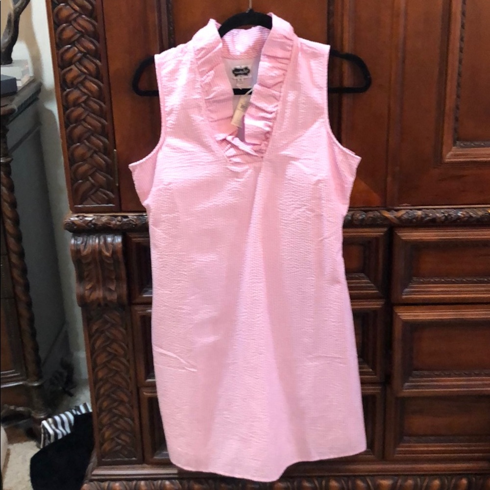 Mud pie pink seersucker ruffle neck dress